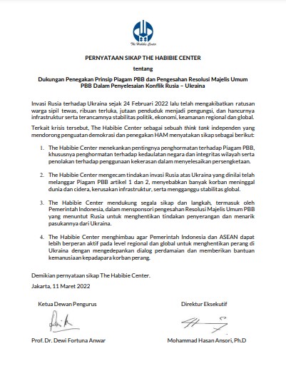 Pernyataan Sikap The Habibie Center tentang Dukungan Penegakan Prinsip Piagam PBB dan Pengesahan Resolusi Majelis Umum PBB Dalam Penyelesaian Konflik Rusia-Ukraina