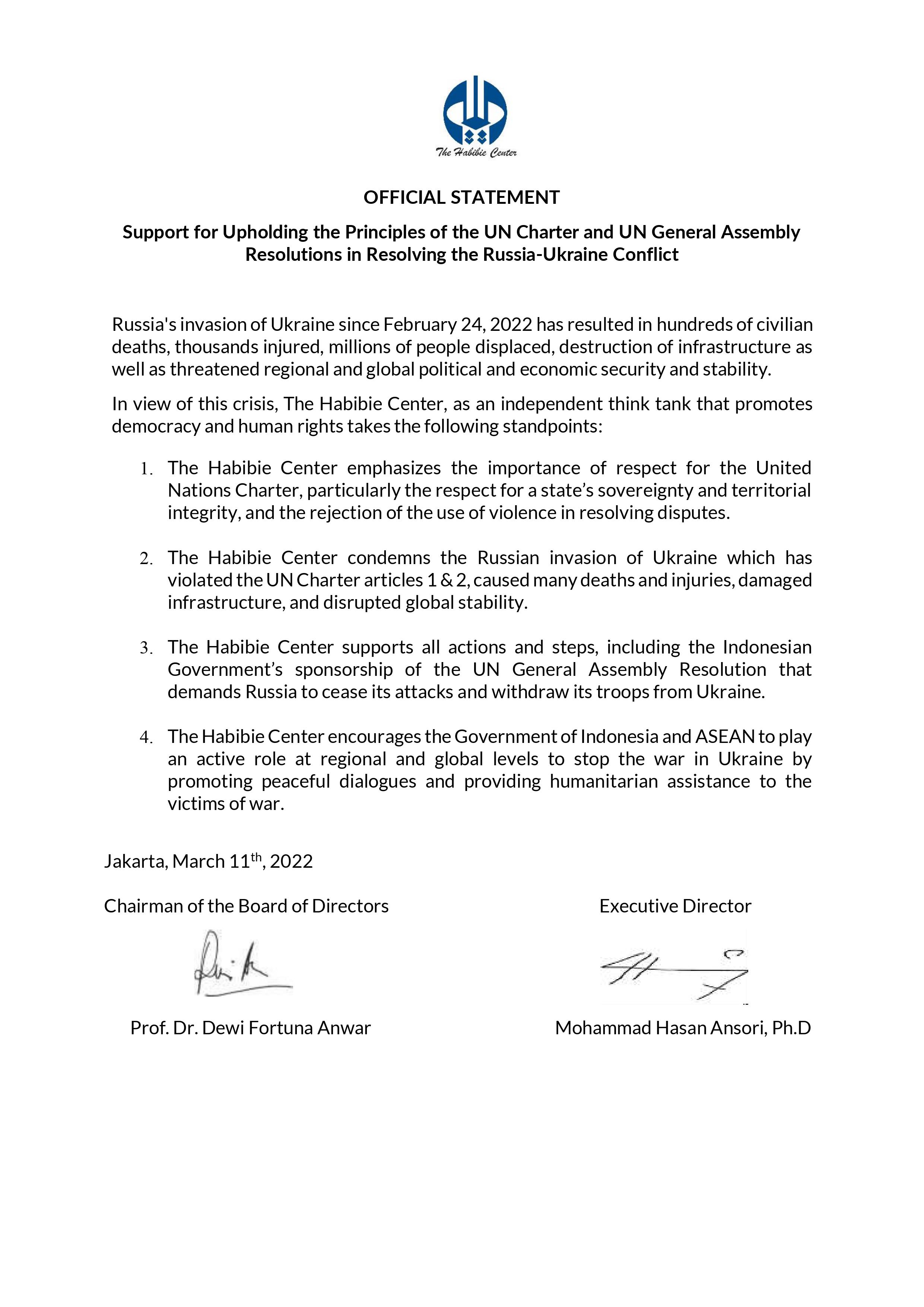OFFICIAL STATEMENT Support for Upholding the Principles of the UN Charter and UN General Assembly Resolutions in Resolving the Russia-Ukraine Conflict