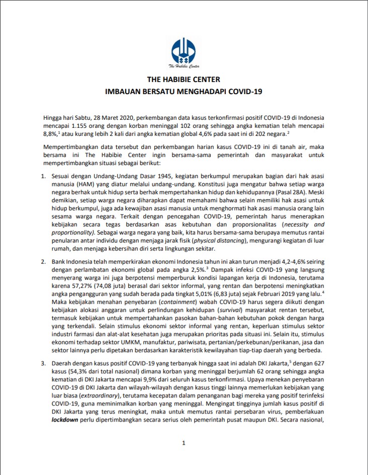 The Habibie Center - Imbauan Bersatu Menghadapi Covid-19