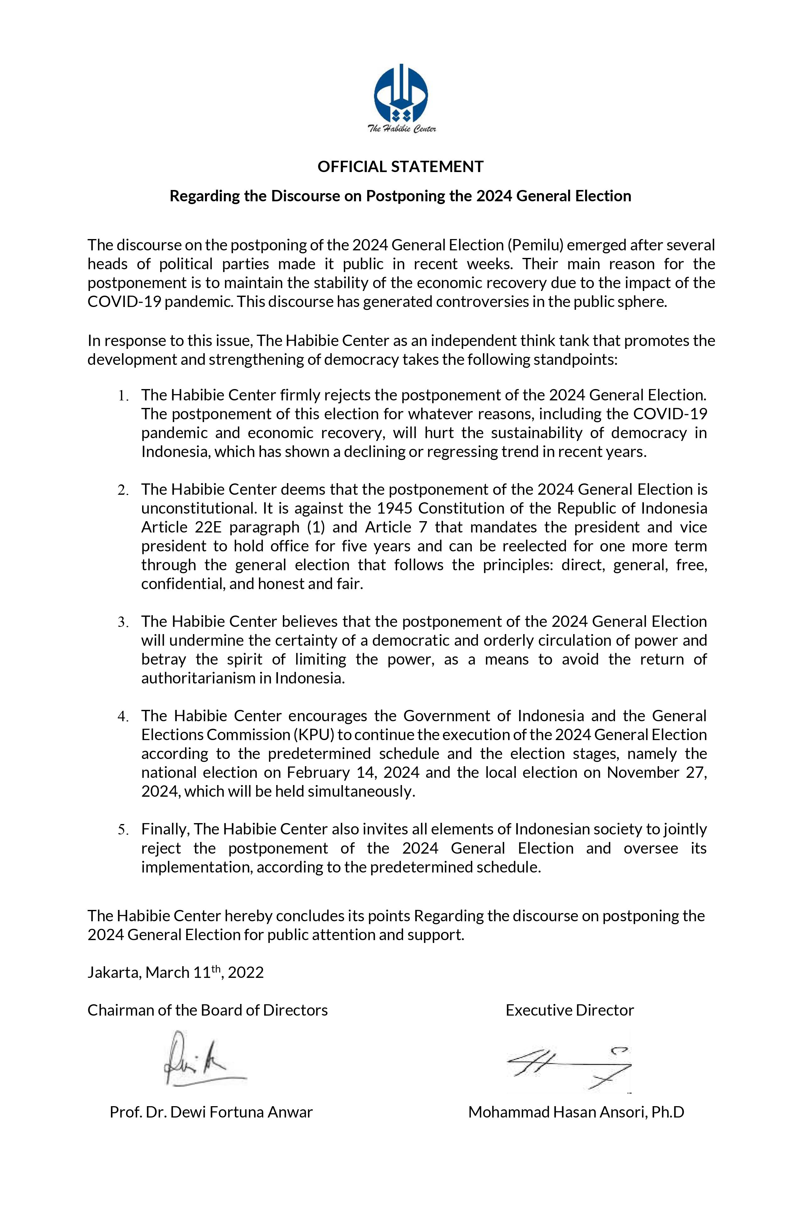 OFFICIAL STATEMENT Regarding the Discourse on Postponing the 2024 General Election